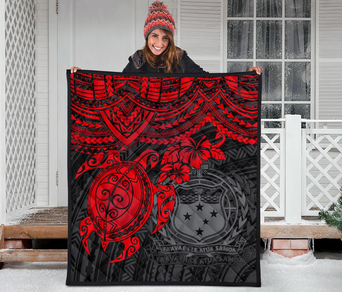 Samoa Polynesian Premium Quilt - Samoa Coat Of Arms & Red Turtle Hibiscus - Polynesian Pride