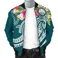 FSM Polynesian Men's Bomber Jacket - Summer Plumeria (Turquoise) - Polynesian Pride