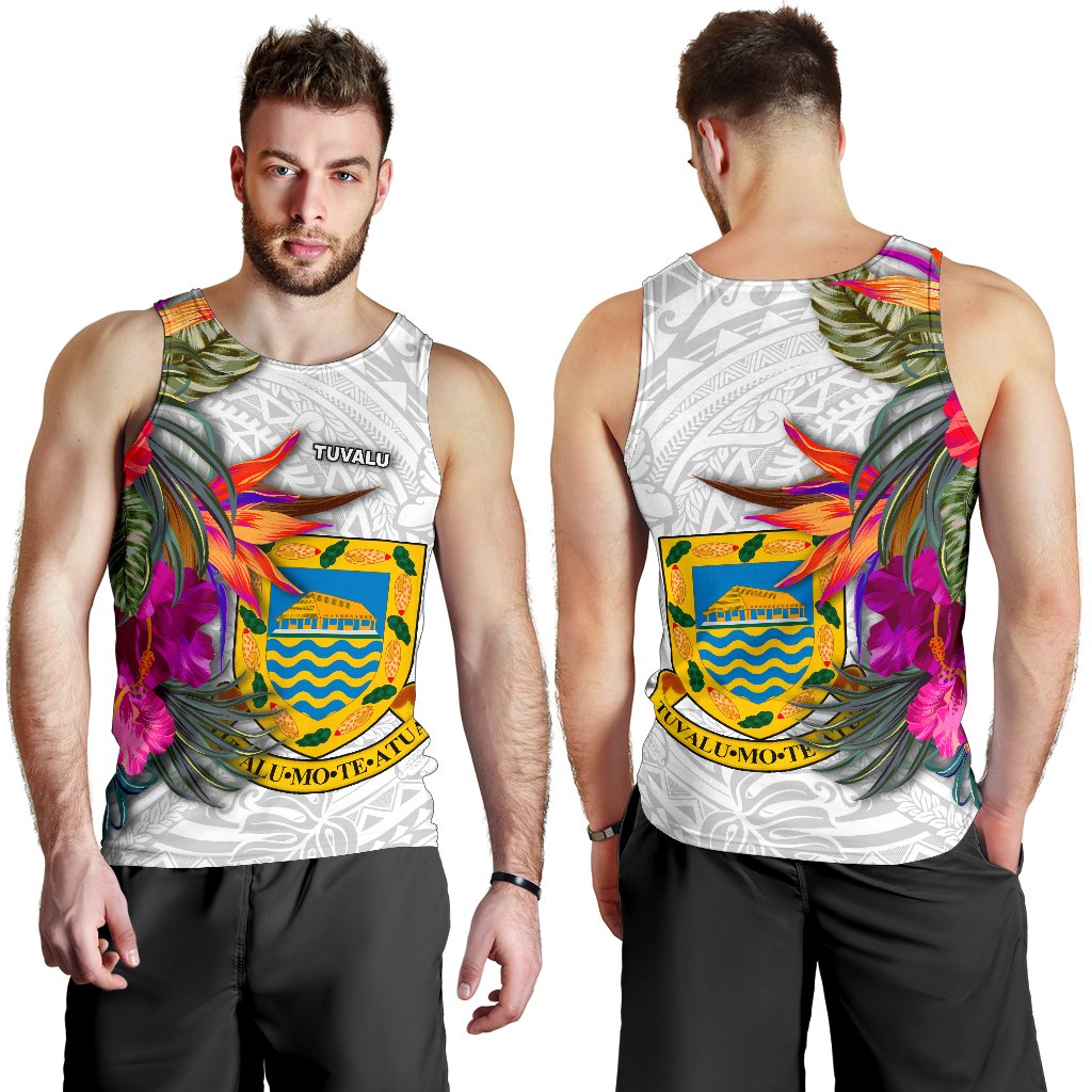 Tuvalu Men's Tank Top Polynesian Hibiscus White Pattern White - Polynesian Pride