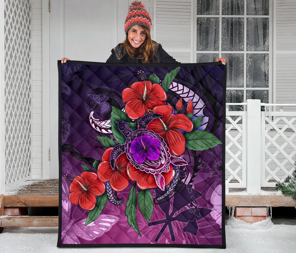 Polynesian Hawaii Premium Quilt - Purple Hibiscus Turtle Flowing - Polynesian Pride