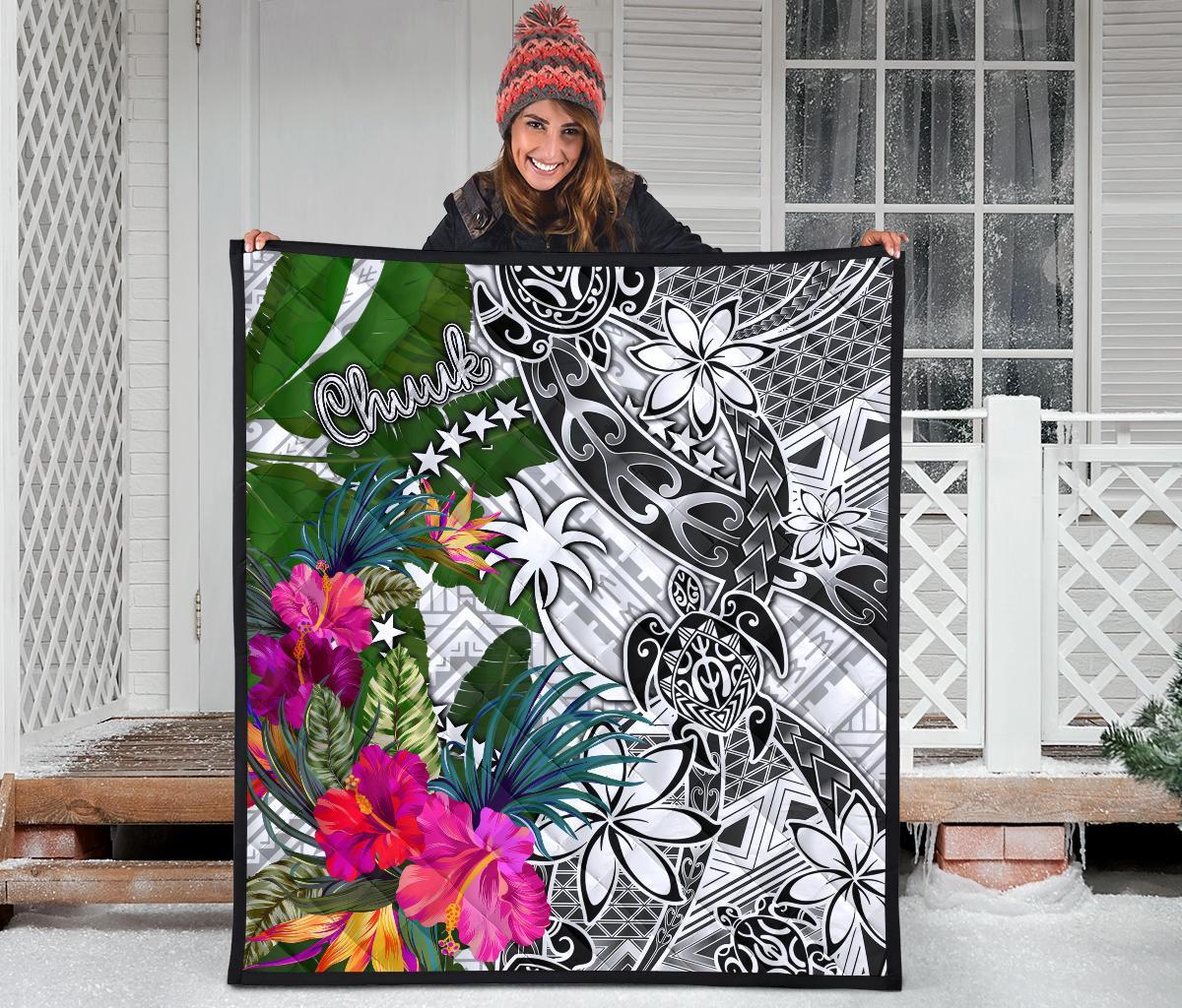 Chuuk Premium Quilt White - Turtle Plumeria Banana Leaf - Polynesian Pride