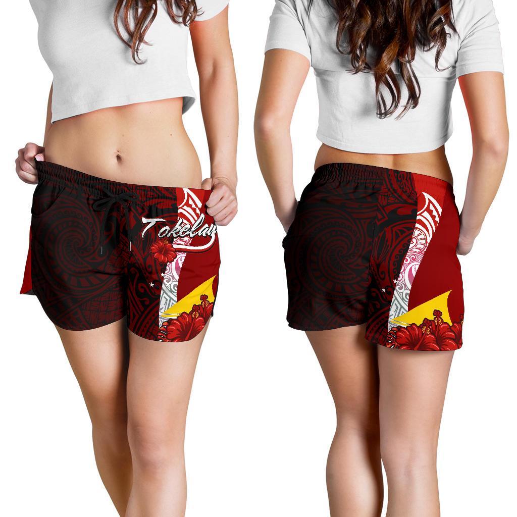 Tokelau Polynesian Women's Shorts - Coat Of Arm With Hibiscus Women Red - Polynesian Pride