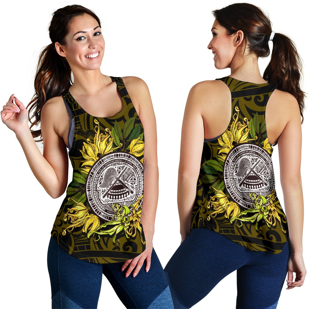 American samoa Women's Racerback Tank Ylang Ylang Flowers Black - Polynesian Pride