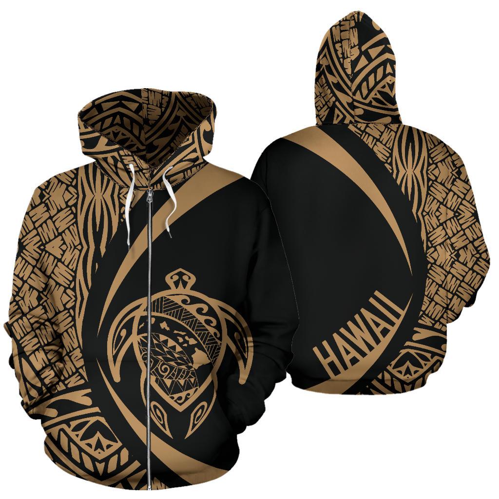 Polynesian Turtle Map of Hawaii Zip Hoodie Gold Circle Style Unisex Gold - Polynesian Pride