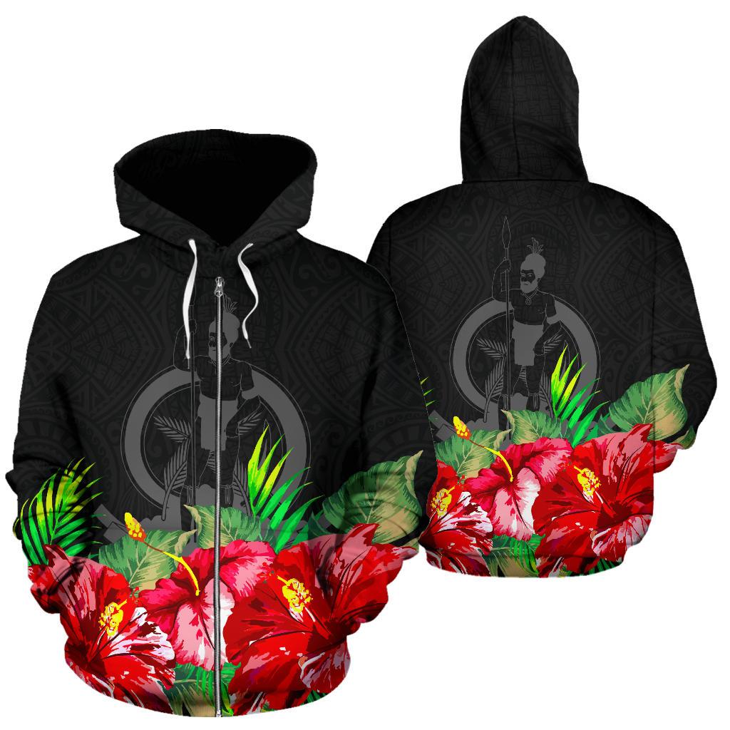 Vanuatu Polynesian Zip Hoodie Black Hibiscus Unisex Black - Polynesian Pride
