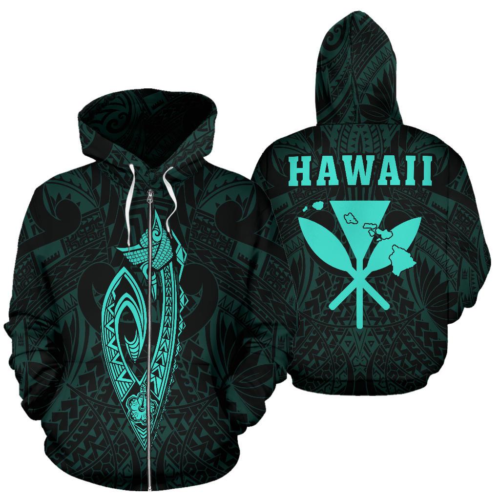 Polynesian Fish Hook Kanaka Map of Hawaii Zip Hoodie Turquoise Unisex Turquoise - Polynesian Pride