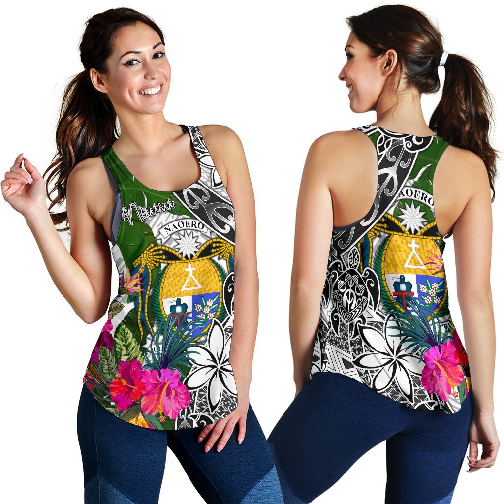 Nauru Women's Racerback Tank White - Turtle Plumeria Banana Leaf Crest - Polynesian Pride