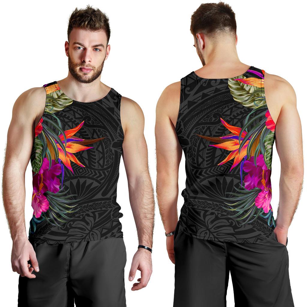 Polynesian Men's Tank Top - Hibiscus Pattern Black - Polynesian Pride