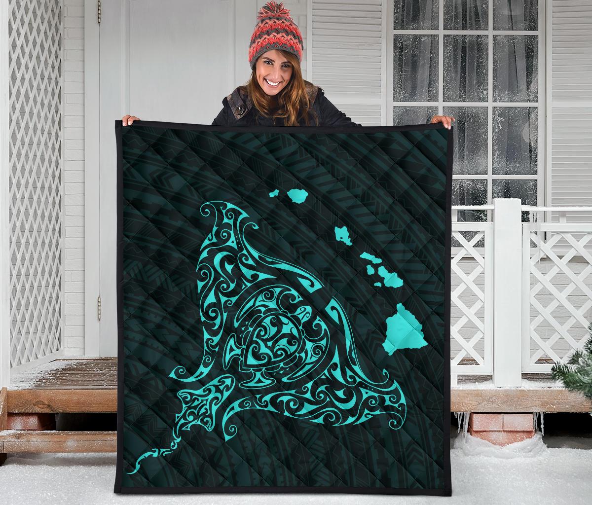 Rays Hawaii Map Polynesian Premium Quilt - Turquoise - Polynesian Pride