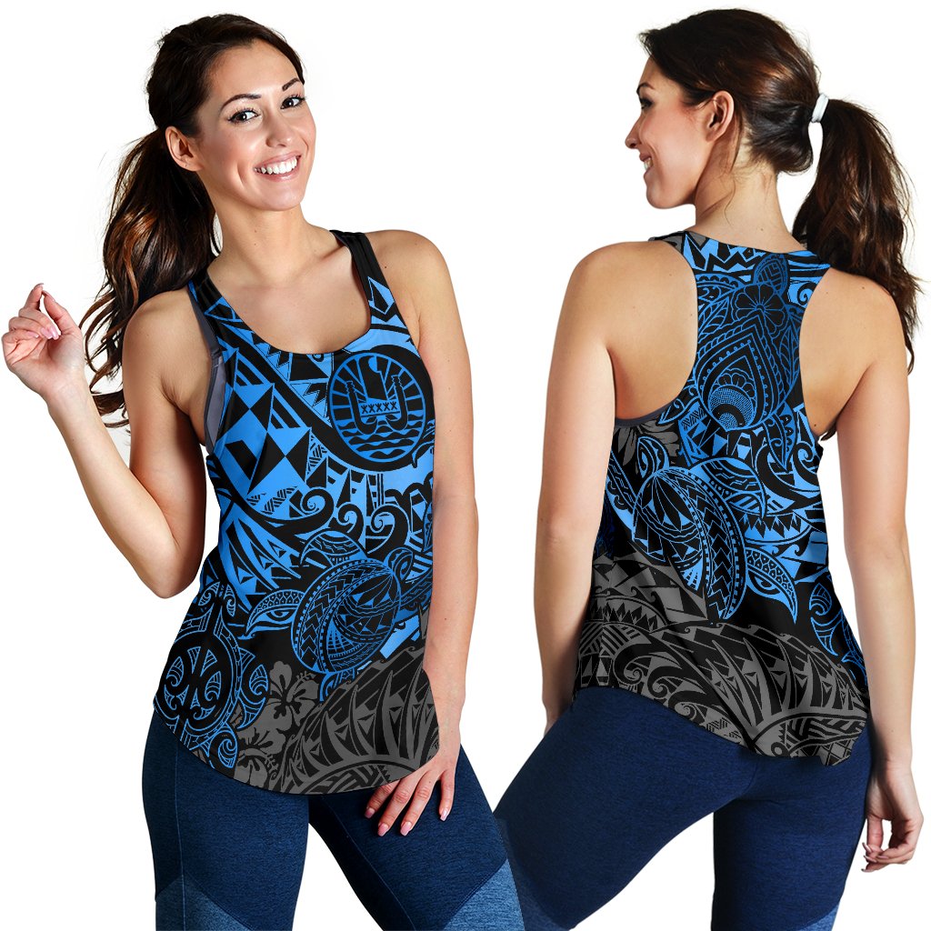 Tahiti Polynesian Women Racerback Tank - Blue Turtle Hibiscus Flowing - Polynesian Pride