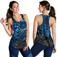 Tahiti Polynesian Women Racerback Tank - Blue Turtle Hibiscus Flowing - Polynesian Pride