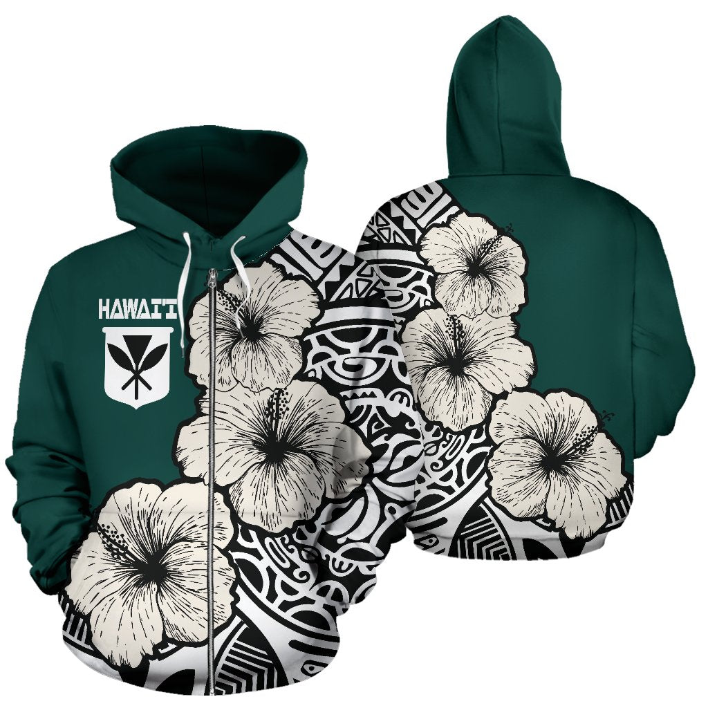 Hawaiian Allover Zip Hoodie Hawaii Kanaka Maoli Flag Hibiscus A0 Unisex Green - Polynesian Pride