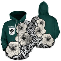 Hawaiian Allover Zip Hoodie Hawaii Kanaka Maoli Flag Hibiscus A0 Unisex Green - Polynesian Pride