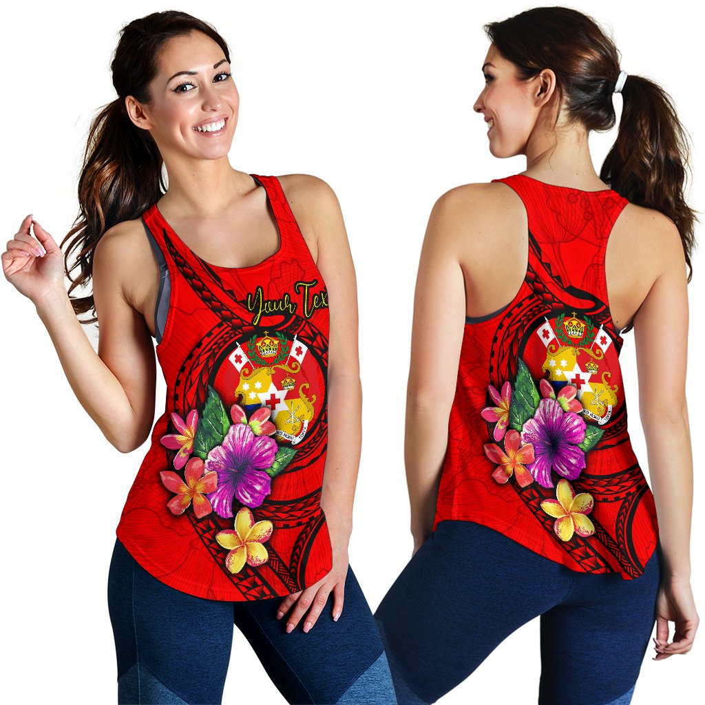 Tonga Polynesian Custom Personalised Women's Racerback Tank - Floral With Seal Red Red - Polynesian Pride