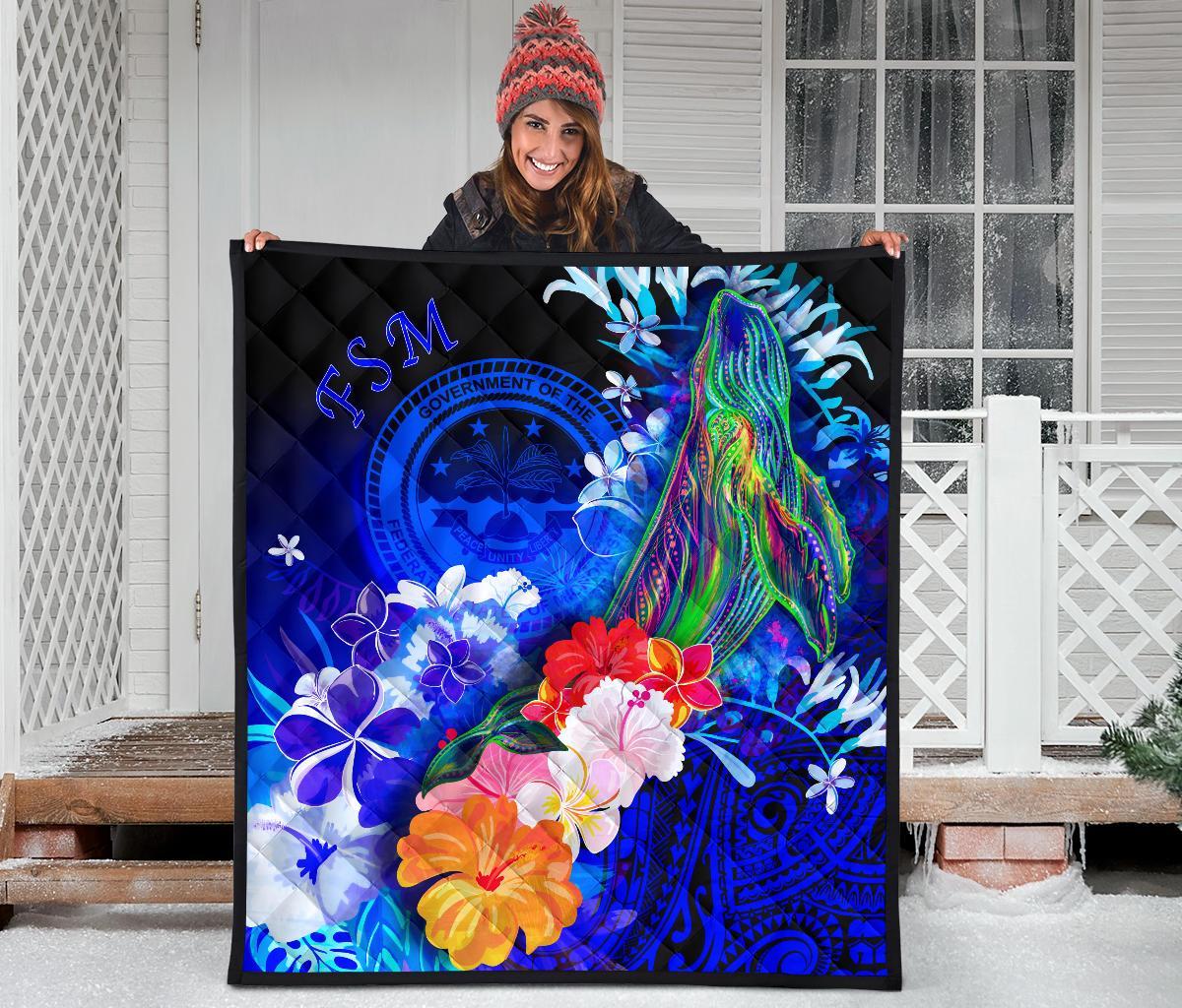 Federated States of Micronesia Premium Quilts - Humpback Whale with Tropical Flowers (Blue) - Polynesian Pride
