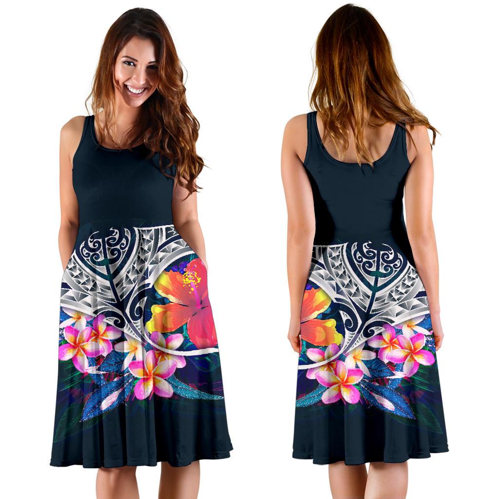 Polynesian Midi Dress - Manta Ray And Hibiscus - Polynesian Pride