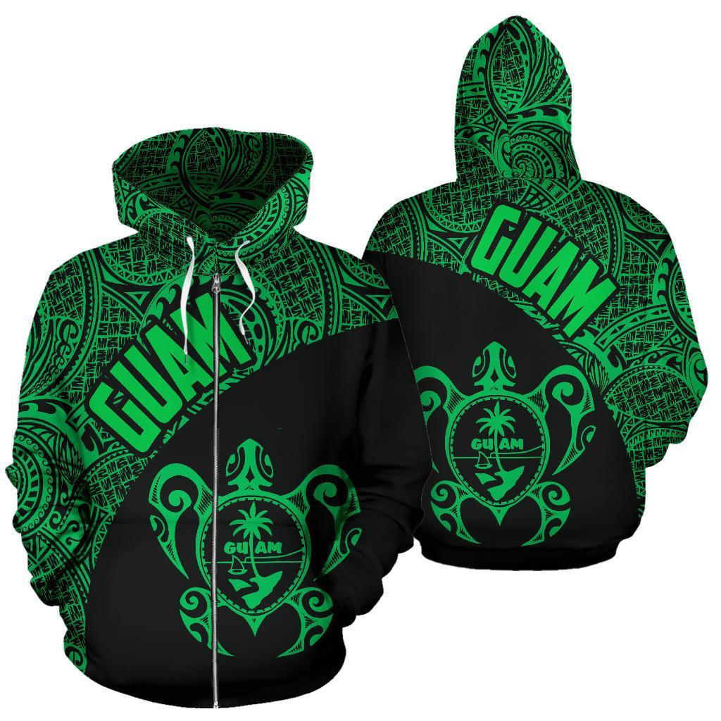 Guam Zip up Hoodie Guam Coat of Arm In Turtle Polynesian Tattoo Green Unisex Green - Polynesian Pride