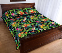 Tropical Pattern With Pineapples Palm Leaves And Flowers Quilt Bed Set - Polynesian Pride