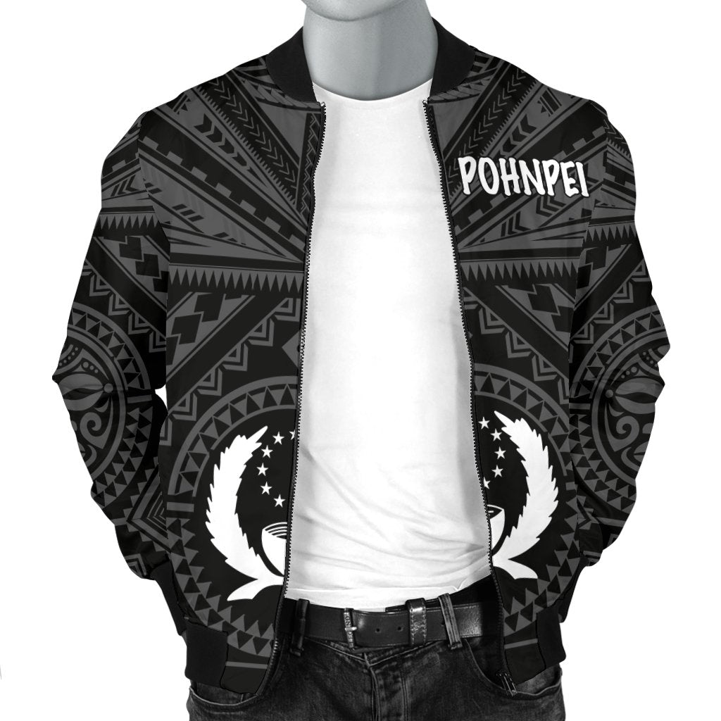 Pohnpei Men's Bomber Jacket - Pohnpei Seal With Polynesian Tattoo Style ( Black) - Polynesian Pride