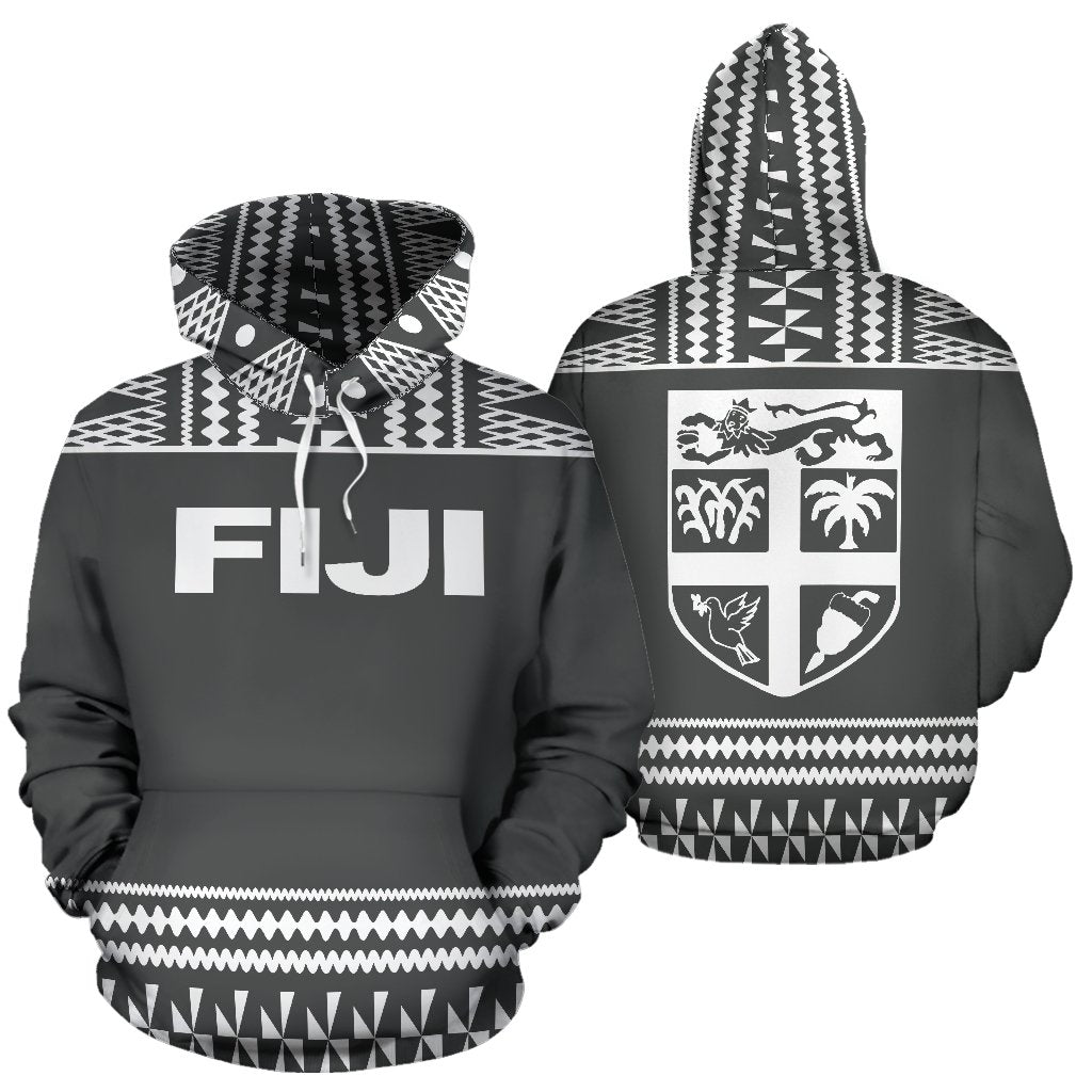 Fiji Tapa All Over Hoodie Grey and White Version Unisex Grey And White - Polynesian Pride