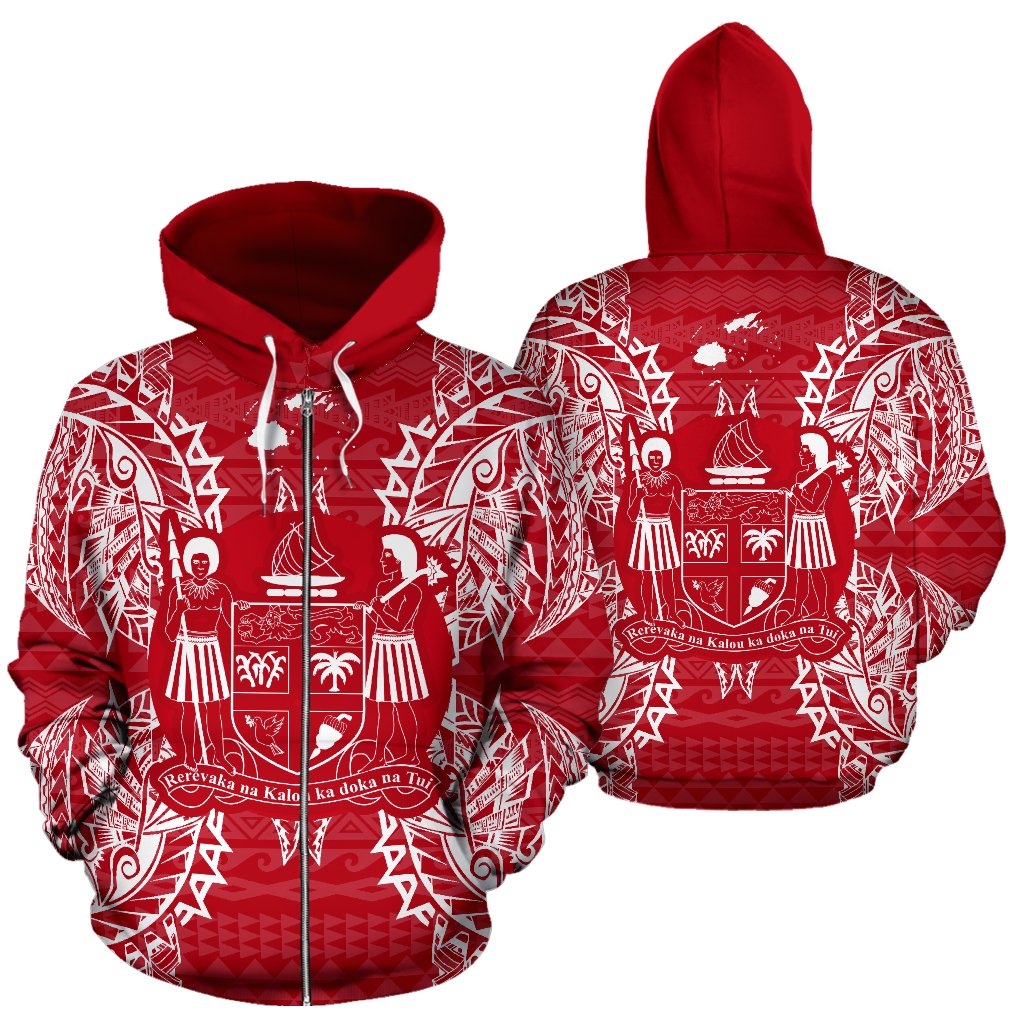 Fiji Polynesian All Over Zip up Hoodie Map Red White Unisex Red - Polynesian Pride