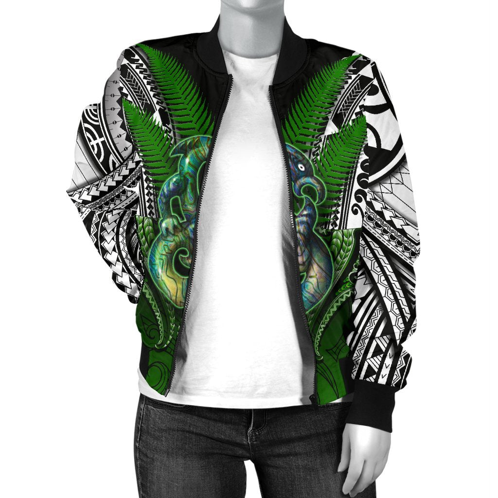 Manaia Mythology Women Bomber Jacket Silver Fern Maori Tattoo - Polynesian Pride