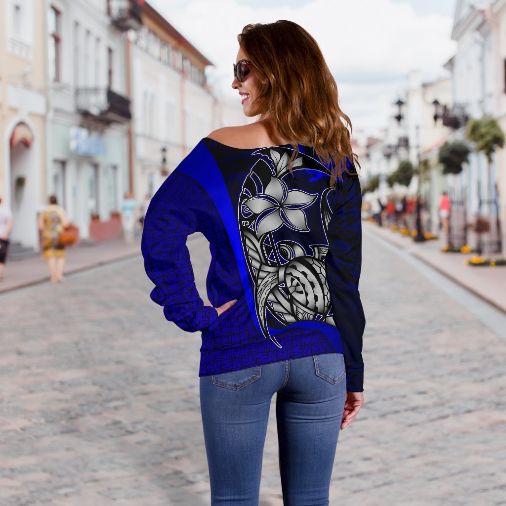 Pohnpei Micronesia Women Off Shoulder Sweater Blue - Turtle With Hook - Polynesian Pride
