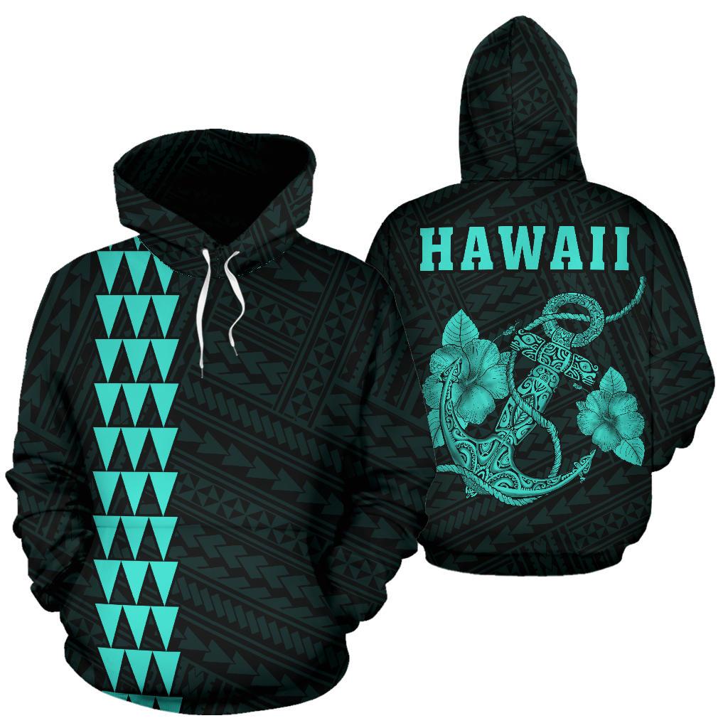 Polynesian Kakau Anchor Hibiscus Hawaii Hoodie Turquoise Unisex Turquosie - Polynesian Pride