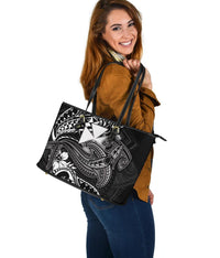 Polynesian Wallis and Futuna Large Leather Tote Bag - White Shark Polynesian Tattoo - Polynesian Pride