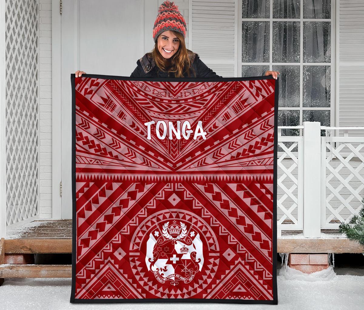 Tonga Premium Quilt - Tonga Seal With Polynesian Tattoo Style (Red) - Polynesian Pride