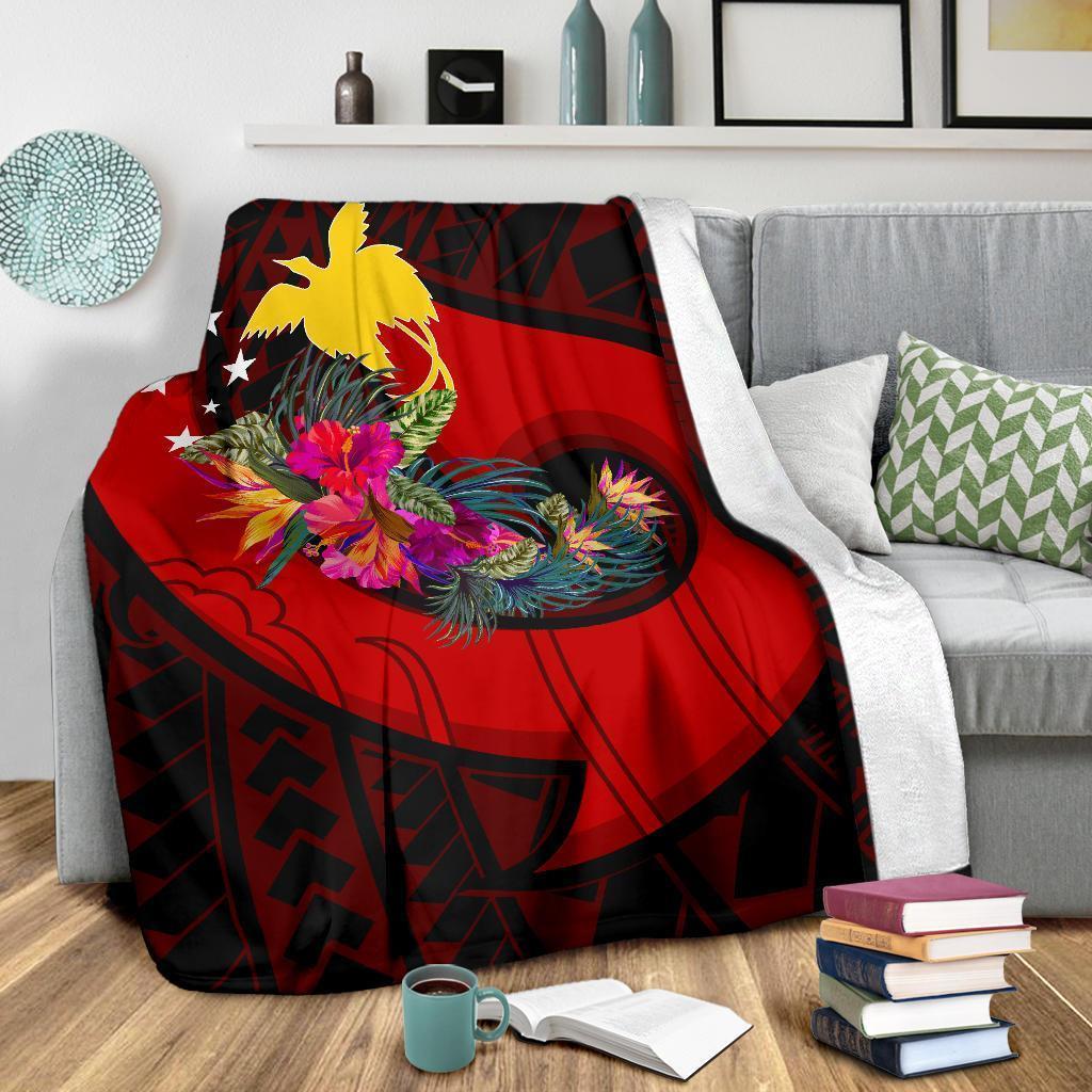 Papua New Guinea Premium Blanket - Polynesian Hook And Hibiscus (Red) - Polynesian Pride
