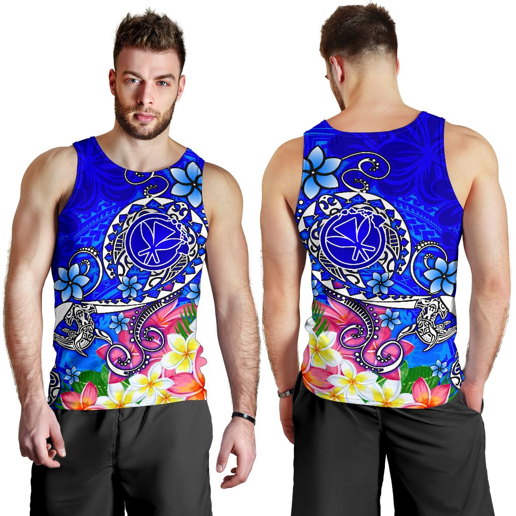 Hawaii Men's Tank Top - Turtle Plumeria Polynesian Tattoo Blue Color - Polynesian Pride