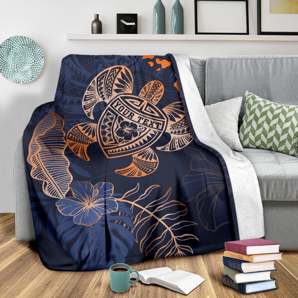 Personalized - Hawaii Kakau Polynesian Turtle Map Premium Blanket - Indigo Premium Blanket - Polynesian Pride
