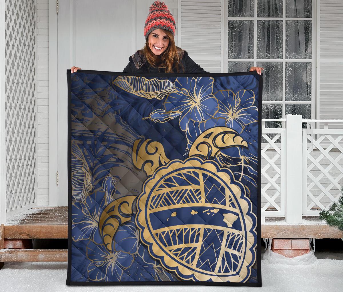 Hawaii Turtle Hibiscus Gold Premium Quilt - Kyn Style - Polynesian Pride