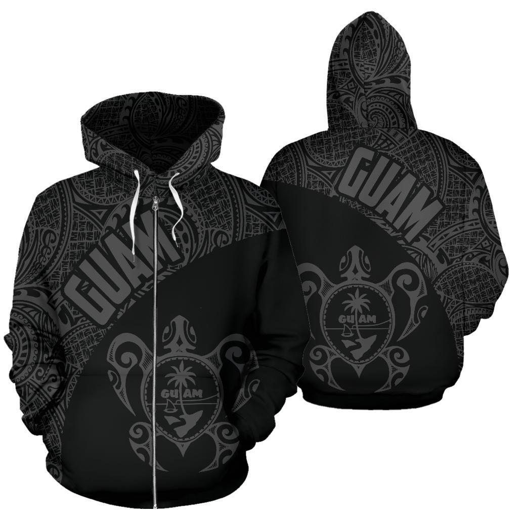 Guam Zip up Hoodie Guam Coat of Arm In Turtle Polynesian Tattoo Gray Unisex Black - Polynesian Pride
