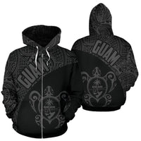 Guam Zip up Hoodie Guam Coat of Arm In Turtle Polynesian Tattoo Gray Unisex Black - Polynesian Pride