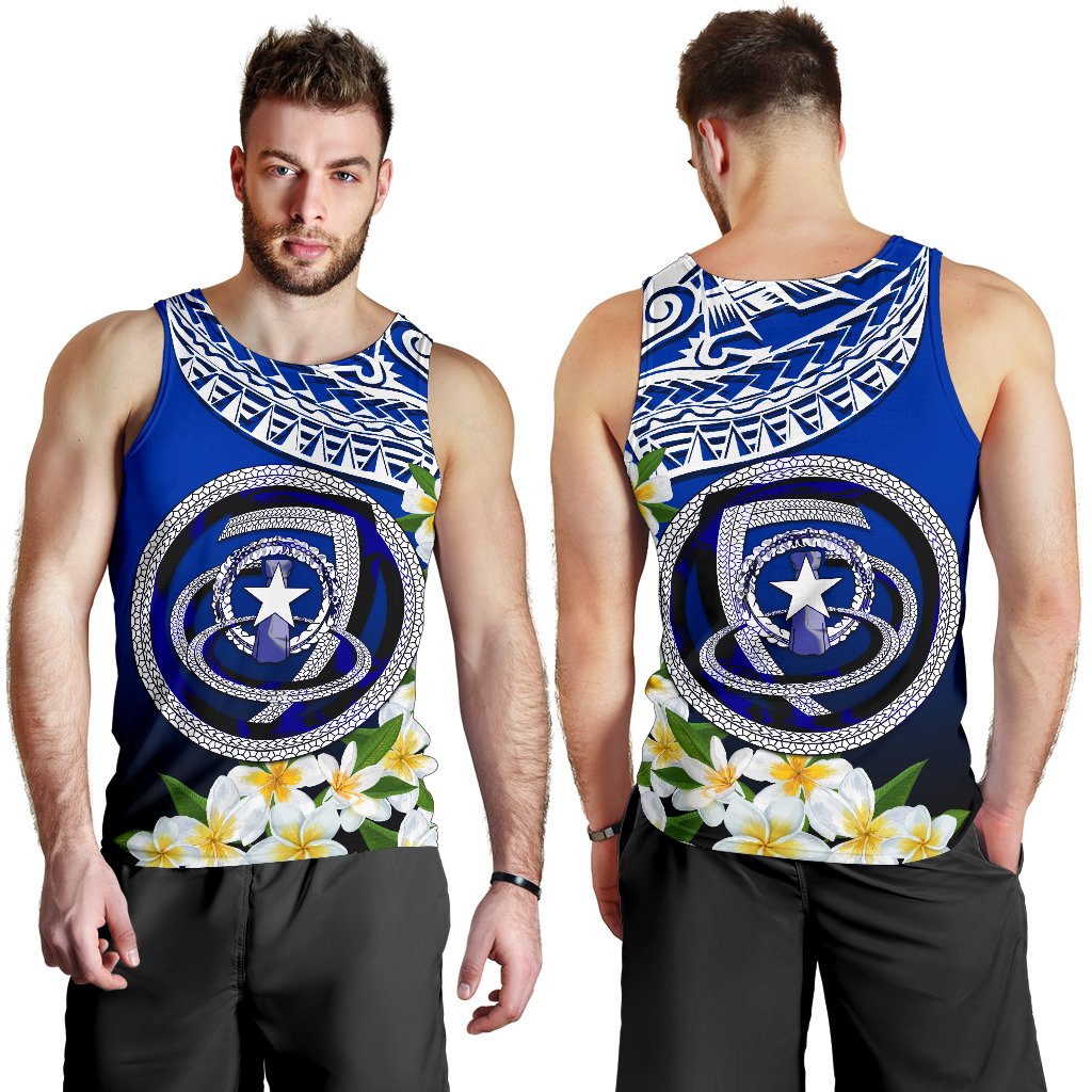 Northern Mariana Islands Men's Tank Top - Polynesian Plumeria Pattern Blue - Polynesian Pride