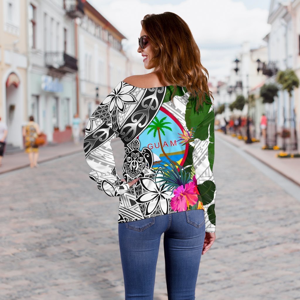 Guam Custom Personalised Women's Off Shoulder Sweater White - Turtle Plumeria Banana Leaf - Polynesian Pride
