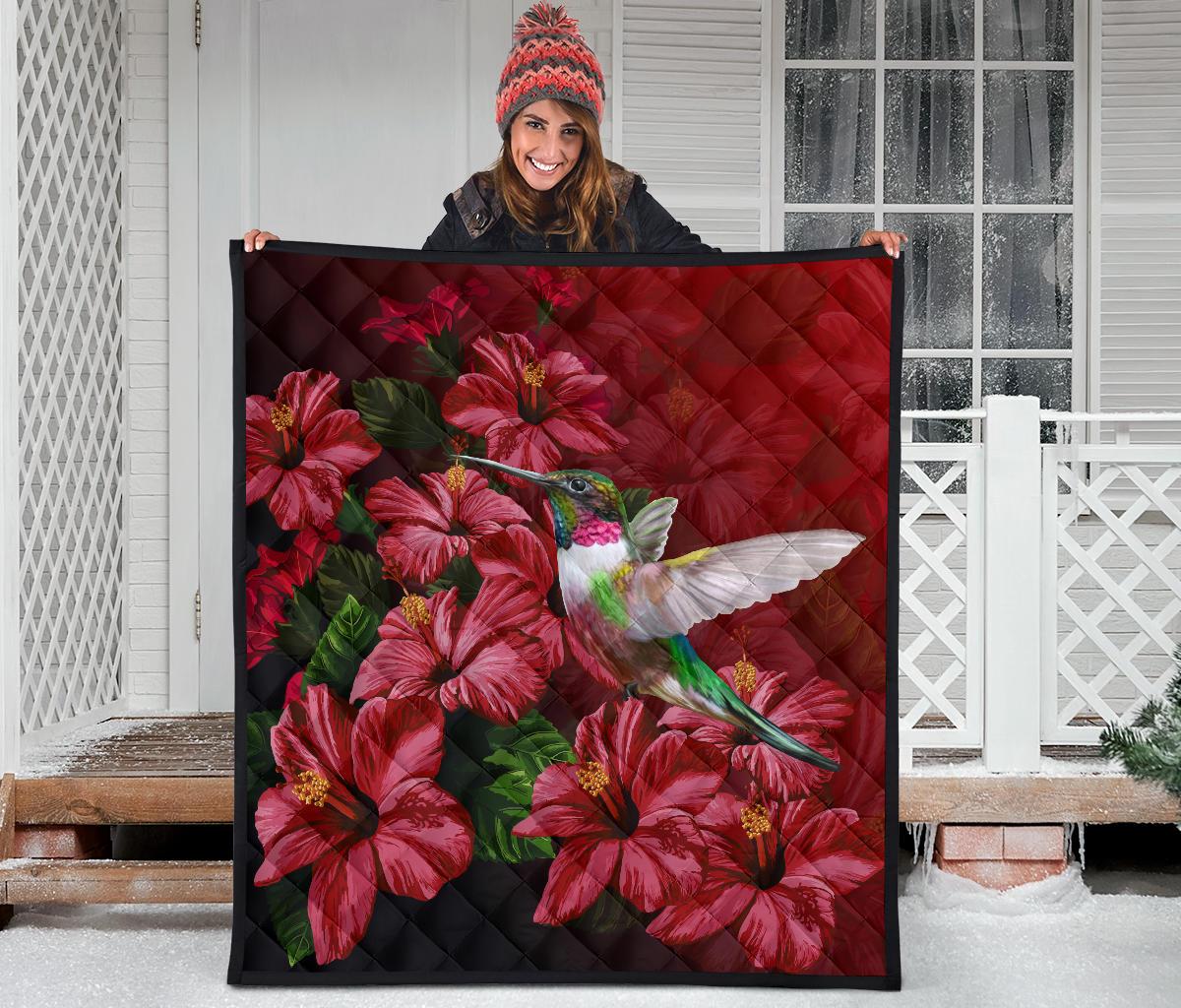 Hawaii Red Hibiscus Humming Bird Premium Quilt - Polynesian Pride