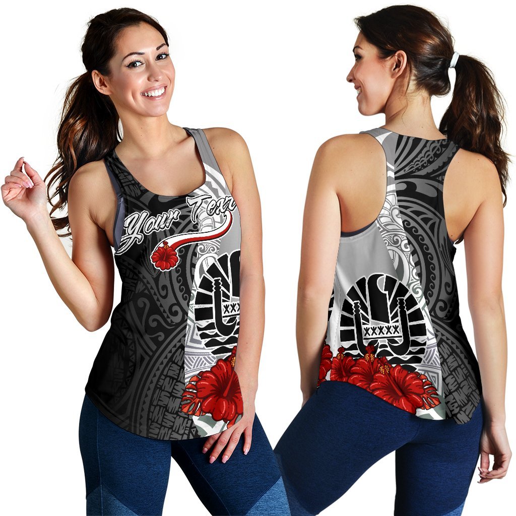 Tahiti Polynesian Custom Personalised Women's Racerback Tank - Coat Of Arms With Hibiscus White Black - Polynesian Pride