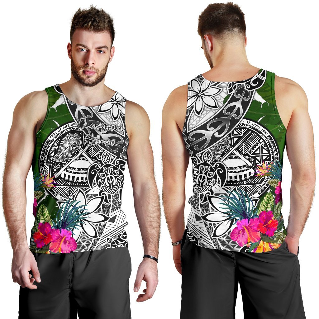 American Samoa Men's Tank Top White - Turtle Plumeria Banana Leaf - Polynesian Pride