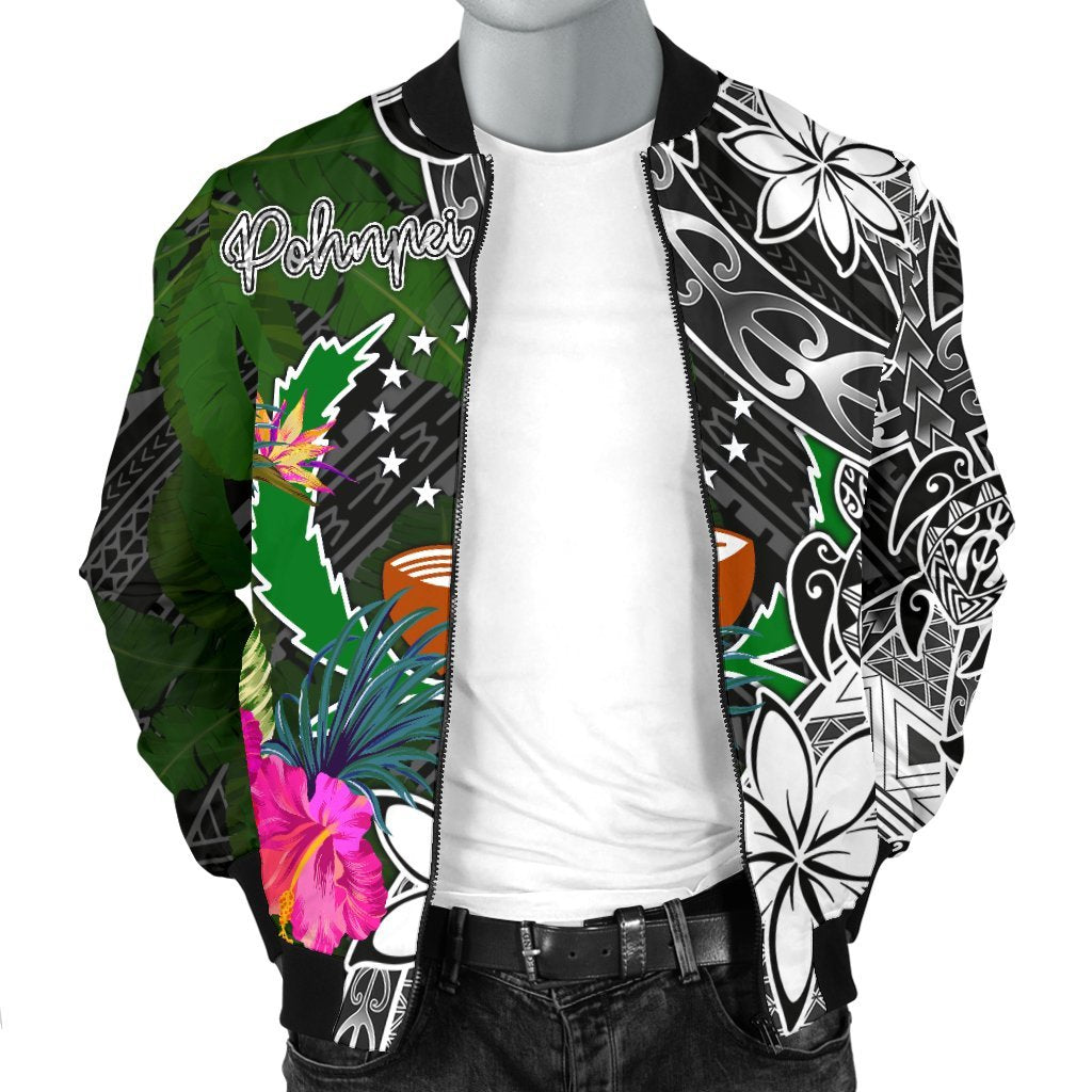 Pohnpei Men Bomber Jacket - Turtle Plumeria Banana Leaf - Polynesian Pride