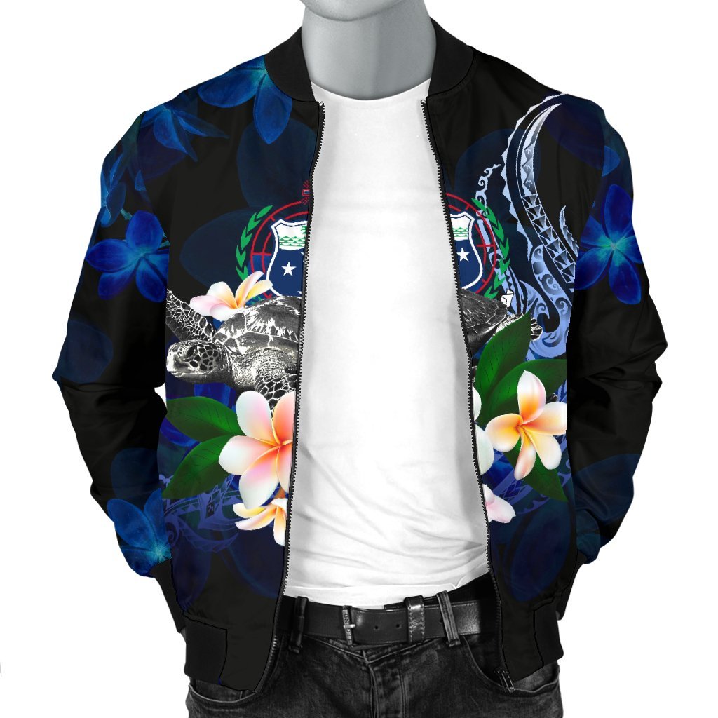 Samoa Polynesian Men's Bomber Jacket - Turtle With Plumeria Flowers - Polynesian Pride
