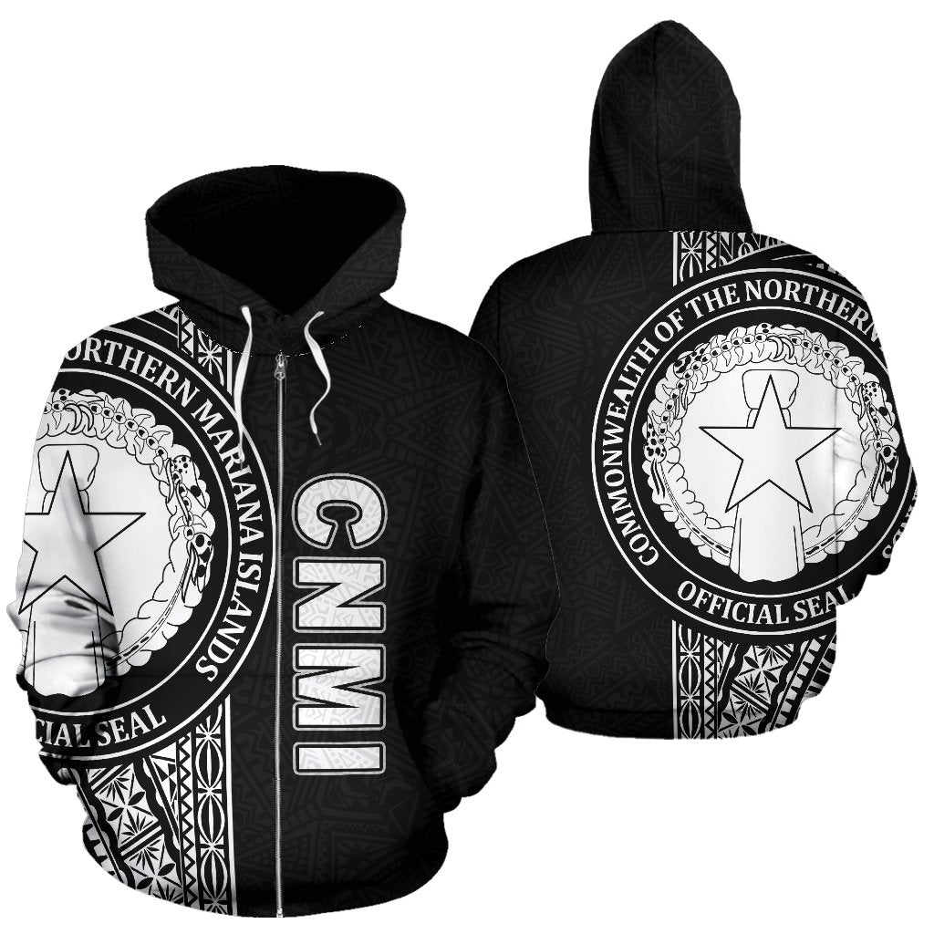 Northern Mariana Islands Polynesian All Over Zip up Hoodie Black Line Unisex Black - Polynesian Pride