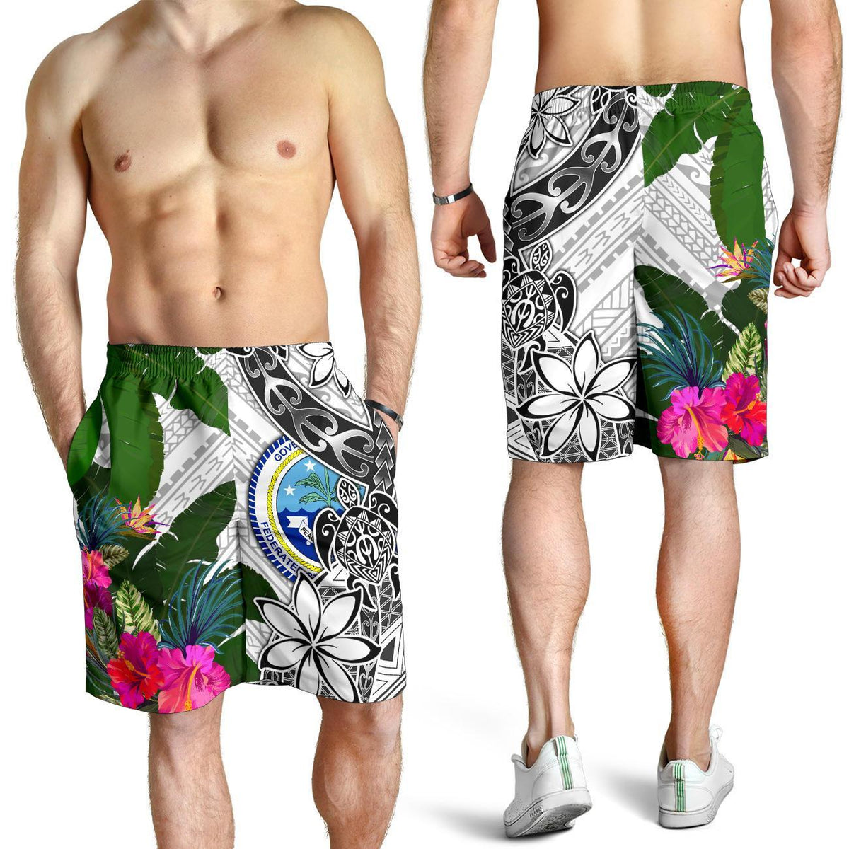 Federated States of Micronesia Men's Short White - Turtle Plumeria Banana Leaf - Polynesian Pride