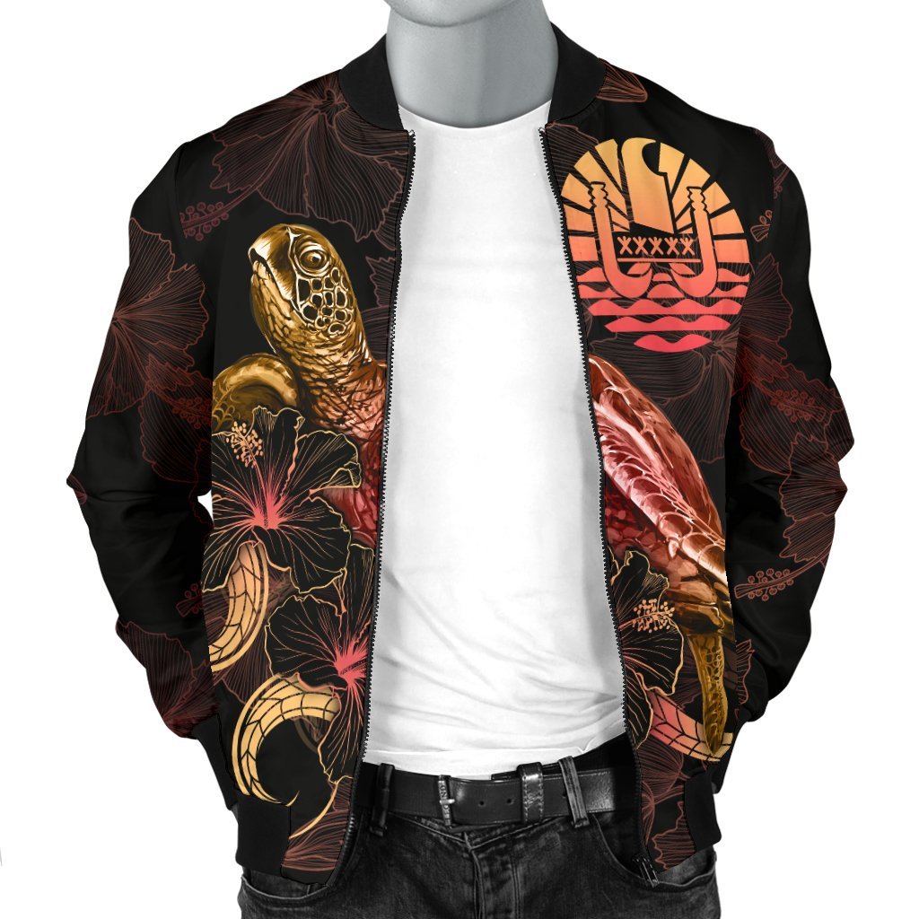 Tahiti Polynesian Men's Bomber Jacket - Turtle With Blooming Hibiscus Gold - Polynesian Pride