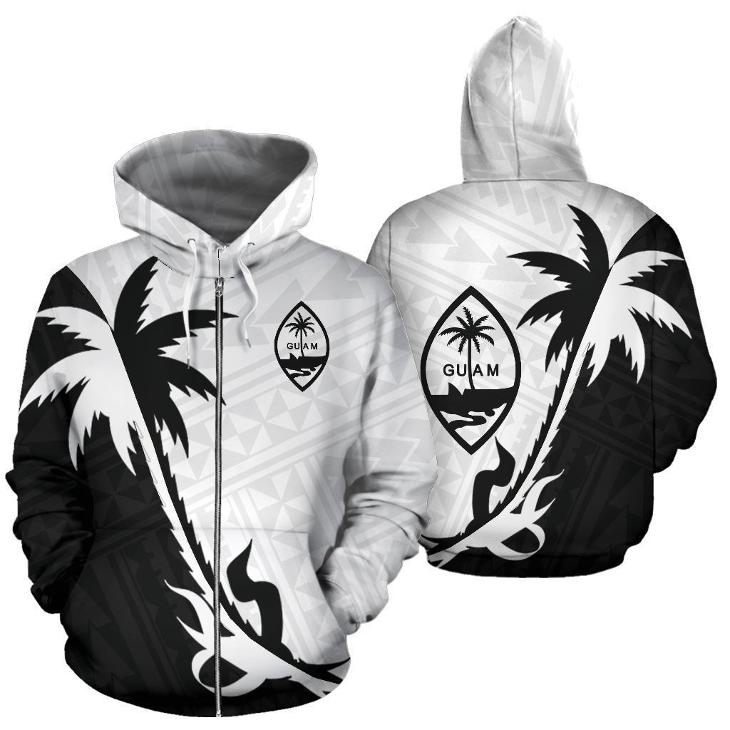 Guam Zip up Hoodie Guam Coat of Arms Coconut Tree Black White Unisex Black White - Polynesian Pride