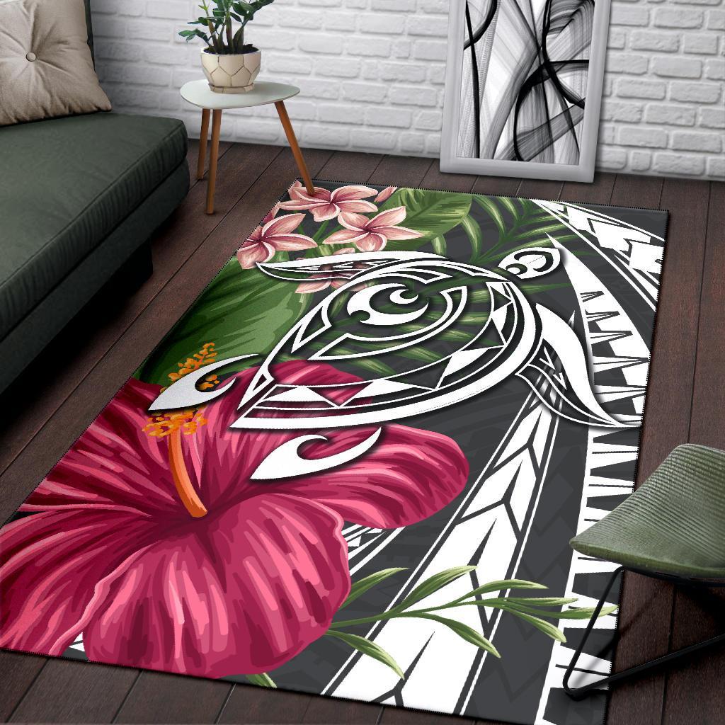 Hawaii Polynesian Turtle Tropical Hibiscus Plumeria Rug - Gray - Polynesian Pride