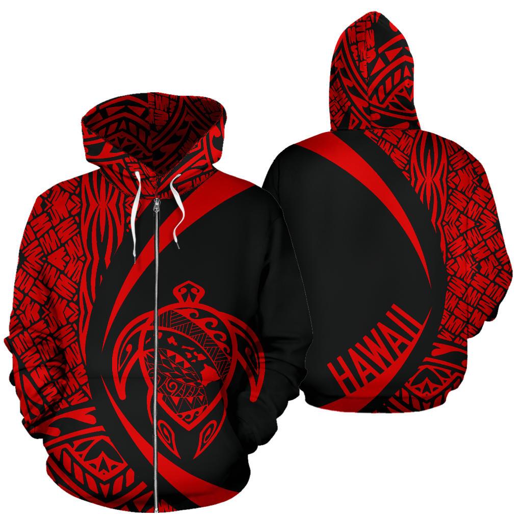 Polynesian Turtle Map of Hawaii Zip Hoodie Red Circle Style Unisex Red - Polynesian Pride