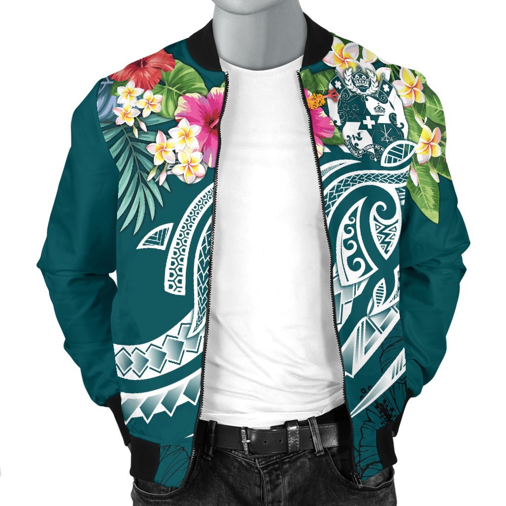 Tonga Polynesian Men's Bomber Jacket - Summer Plumeria (Turquoise) - Polynesian Pride